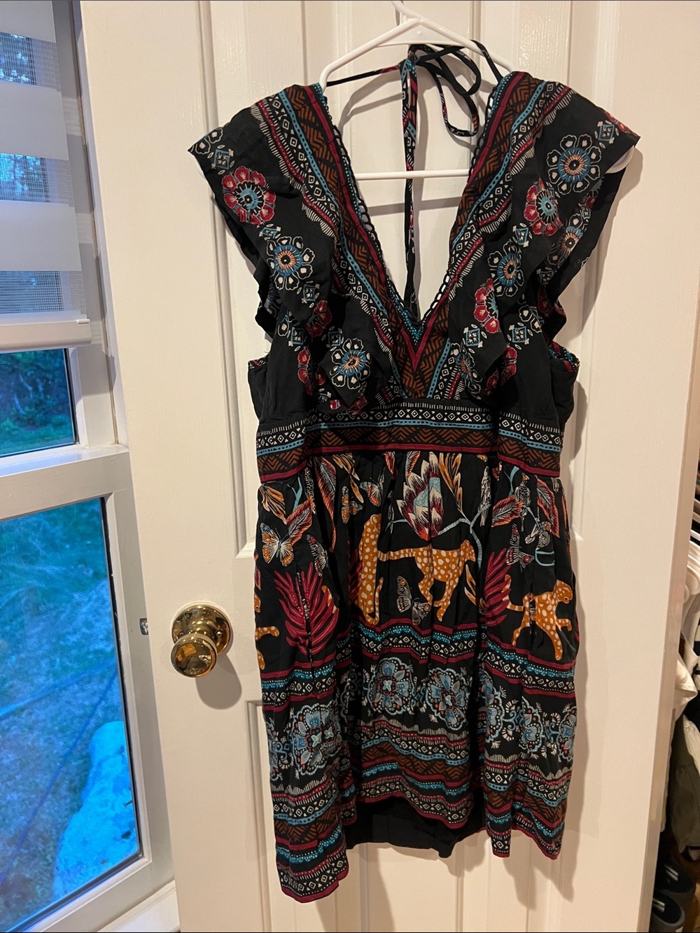 Anthropologie Black Mini Dress with Multicolor Floral & Mustard Animal Motif